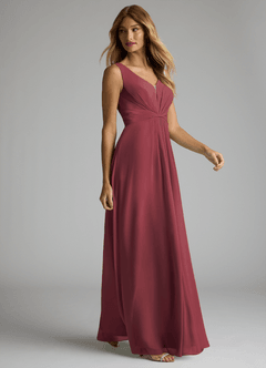 Azazie Gina Bridesmaid Dresses Merlot A-Line V-Neck Pleated Chiffon Dress image4