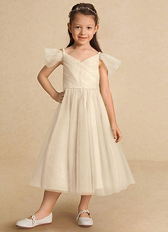 Azazie Lizzette Flower Girl Dresses Champagne A-Line Ruched Tulle Dress image6