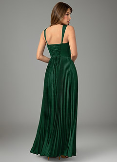 Azazie Avenelle At-home Try On Dresses Dark Green A-Line Corset Stretch Satin Dress image2
