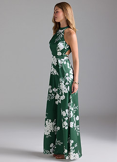 Azazie Clarice Abiti da Damigella Abito A-Line in Raso Elasticizzato Collo Alto Green Botanicals image6
