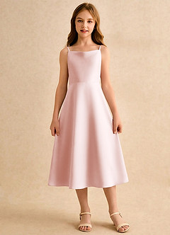Azazie Jaella Girls Formal Blomsterpigekjoler A-Line Plisseret Mat satin Te-længde Kjole image3