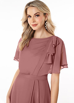 Azazie Aaliyah Bescheidene Brautjungfernkleider A-Linie Schaufel Gefaltet Chiffon Bodenlänge Kleid image5