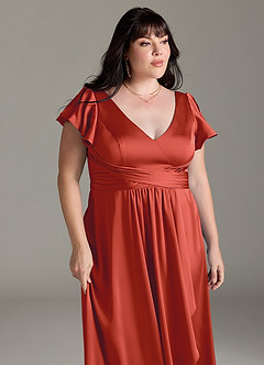 Azazie Omari Bridesmaid Dresses Rust A-Line Stretch Satin Dress image12