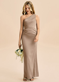 Azazie Akilah Junior Taupe Sheath Pleated Stretch Satin Dress image3