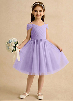 Azazie Lila Girls Formal Robe Demoiselle D'honneur Fillette Robe Trapèze en Tulle Épaule décolletée Lilas image4