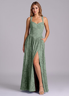 Azazie Francis Vestidos de damas de honor Vestido de Matcha de Devorado Floral de Corte en A con Corsé image1