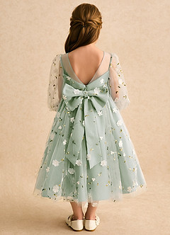 Azazie Elowen Robe Demoiselle D'honneur Fillette Robe Trapèze en Dentelle Encolure en Forme de Cœur Vert Sauge image2