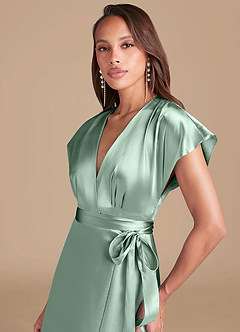 Azazie Nico Bridesmaid Dresses Agave A-Line Pleated Metallic Satin Dress image2