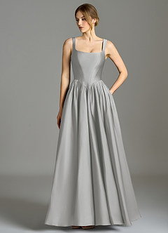 Azazie Verina Vestidos de damas de honor Vestido de Plata de Satén Elástico de Corte en A con Plisado image1