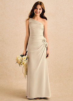 Azazie Sophie Girls Formal Robe Demoiselle D'honneur Fillette Robe Fourreau en Mousseline de soie Une épaule Champagne image1