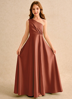 Azazie Puddles Girls Formal Flower Girl Dresses Auburn A-Line One Shoulder Matte Satin Dress image5
