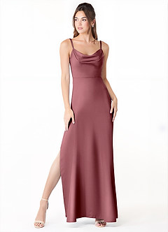 Azazie Alaija Vestidos de damas de honor Vestido de Rosa Del Desierto de Satén Elástico de Corte Sirena con Corte Lateral image2
