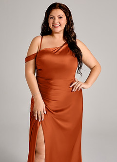 Azazie Madelyn Jurken voor bruidsmeisjes Converteerbaar Jurk van Stretch Satijn met Zeemeermin One-Shoulder Verbrande Sinaasappel image11