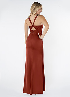 Azazie Mero Bridesmaid Dresses Terracotta Sheath Pleated Stretch Satin Dress image3