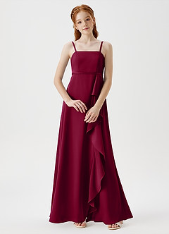 Azazie Kaylee Junior Robe Trapèze en Satin extensible avec ceinture Bourgogne image1