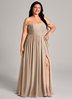 Azazie Calianna Bridesmaid Dresses Taupe A-Line Off the Shoulder Chiffon Convertible Dress image13