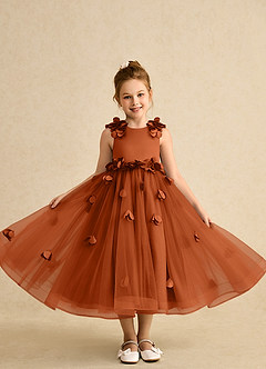 Azazie Atta Flower Girl Dresses Burnt Orange A-Line One Shoulder Tulle Dress image4
