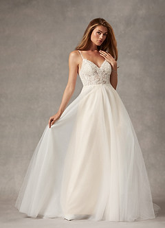 Azazie Tatiana Vestidos de novia Vestido de Blanco Diamante Champán de Tul de Corte en A con Lentejuelas cuello pico image4