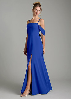 Azazie Mercedes Bridesmaid Dresses Royal Blue A-Line Off the Shoulder Chiffon Dress image4