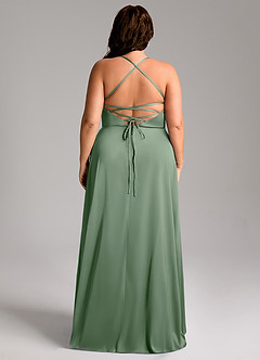 Azazie Mei Vestidos de damas de honor Vestido de Matcha de Satén Elástico de Corte en A con Cuello en V image8