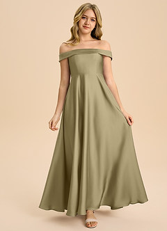 Azazie Sissy Junior Abito A-Line in Raso Elasticizzato a Spalla Scoperta Verde Muschio image4