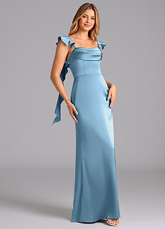 Azazie Adi At-home Try On Dresses Burgundy A-Line Pleated Stretch Satin Dress image3