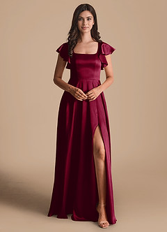 Azazie Bondi Bridesmaid Dresses Burgundy A-Line Bow Metallic Satin Dress image2