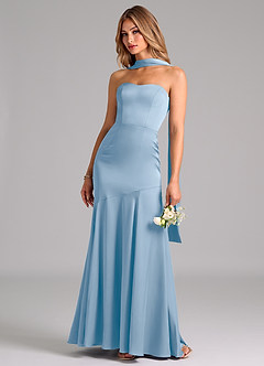 Azazie Shiloh Brautjungfernkleider Wandelbar Meerjungfrau-Linie Schulterfrei Stretch-Satin Kleid Puderblau image6