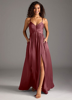 Azazie Alia Robes de demoiselle d'honneur Robe Trapèze en Satin extensible Plissée Rose Du Désert image5