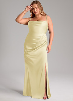 Azazie Leonis Jurken voor bruidsmeisjes Converteerbaar Jurk van Stretch Satijn met Zeemeermin Geplooid Citroensorbet image13