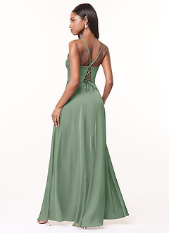 Azazie Maksim Vestidos de damas de honor Vestido de Matcha de Satén Elástico de Corte en A con Cuello en V image2