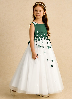 Azazie Eleni Blumenmädchenkleider Ballkleid Schleifen Tüll Kleid Elfenbein Dunkelgrün image6