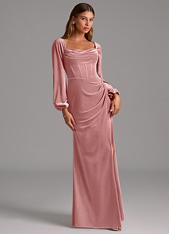 Azazie Charissa Bridesmaid Dresses Dusty Rose Sheath Long Sleeve Velvet Dress image3
