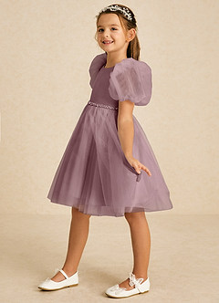 Azazie Blondie Flower Girl Dresses Dusty Rose A-Line with Sleeves Tulle Dress image1