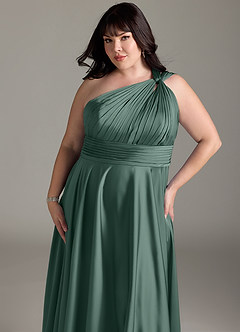 Azazie Charlize Bridesmaid Dresses Eucalyptus A-Line One Shoulder Stretch Satin Dress image14