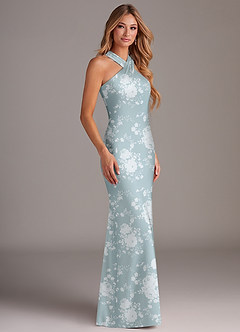 Azazie Doretta Bridesmaid Dresses Powder Blue Floral Mermaid Pleated Stretch Satin Dress image4