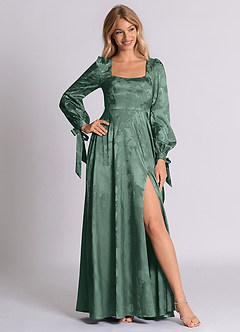 Azazie Leonia 신부 들러리 드레스 A라인 긴팔 자카드 바닥 길이 드레스 image6