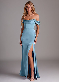 Azazie Saige Jurken voor bruidsmeisjes Jurk van Stretch Satijn met Kolom Off the Shoulder Staal Blauw image1