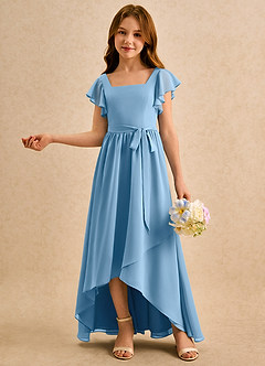 Azazie Milly Girls Formal 플라워 걸 드레스 A라인 주름진 쉬폰 비대칭 드레스 image4