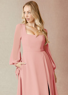 Azazie Leonia Bridesmaid Dresses Rosette A-Line Long Sleeve Chiffon Dress image10