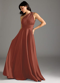 Azazie Charlize Bridesmaid Dresses Auburn A-Line One Shoulder Stretch Satin Dress image5