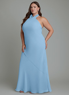 Azazie Velli Vestidos de damas de honor Vestido Azul Acero de Gasa de Corte Sirena con Cuello alto image12