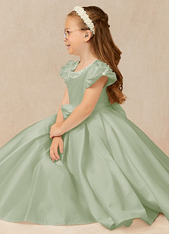 Azazie Jewel Flower Girl Dresses Dusty Sage Ball-Gown Pleated Matte Satin Dress image3
