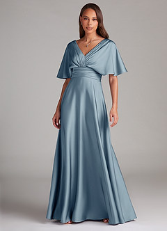 Azazie Pamela Robes de demoiselle d'honneur Robe Trapèze en Satin extensible Plissée Bleu Poussiéreux image1