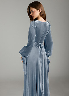 Azazie Leonia Bridesmaid Dresses Dusty Blue A-Line Long Sleeve Velvet Dress image2