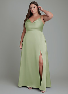 Azazie Sarella Robes de demoiselle d'honneur Robe Trapèze en Satin extensible Plissé Vert Sauge image6