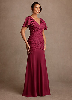 Azazie Jolene Mother of the Bride Dresses Burgundy Mermaid Pleated Floral Burnout Dress image3