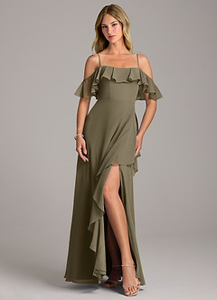 Azazie Aubrie Robes de demoiselle d'honneur Robe Trapèze en Mousseline de soie Épaule décolletée Vert Saule image4