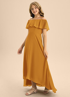 Azazie Maggie Junior A-Linie Schulterfrei Chiffon Kleid Butterscotch image4