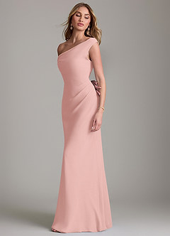 Azazie Emerson At-home Try On Dresses Dusty Blue Sheath Off the Shoulder Chiffon Dress image6